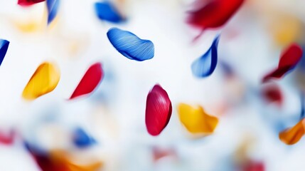 Poster - Colorful petals drifting through the air create a stunning bokeh effect against a bright white background, evoking feelings of spring and summer's vibrant beauty and joy