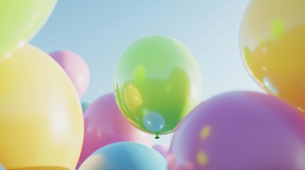 Poster - Vibrant balloons in various pastel colors floating against a clear blue sky, creating a cheerful and festive atmosphere, perfect for celebrations and joyful occasions