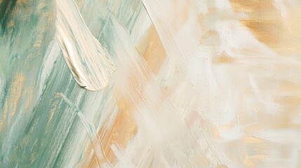 Poster - Green, gold, and white oil paint brushstrokes blend together on canvas, creating a dynamic textured abstract painting with visible thick impasto layers