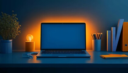 Poster - Modern home office desk at night with glowing laptop, lamp, books, notepad, and pencils on table