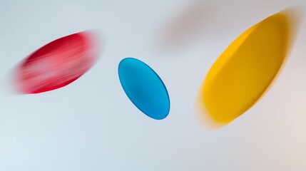 Poster - Rotating red, blue, and yellow ellipses create a dynamic motion blur effect against a clean white background, evoking feelings of energy and vibrant movement in a modern, abstract design