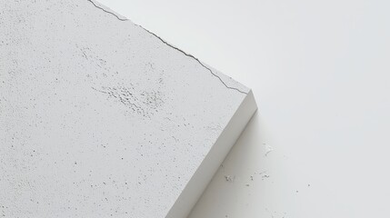 Poster - Close-up of a white concrete block presenting a prominent crack running across its surface, with small crumbles scattered nearby, set against a clean white backdrop