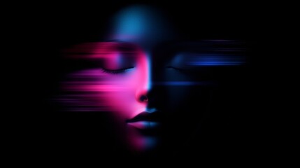 Poster - Futuristic portrait featuring a face with closed eyes, illuminated by pink and blue light trails, conveying speed and technology for innovation and ai projects