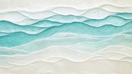 Poster - Luxurious abstract fluid art painting in turquoise and white colors, featuring a mesmerizing wavy pattern resembling a tranquil ocean or flowing silk fabric, creating a sense of calm and serenity