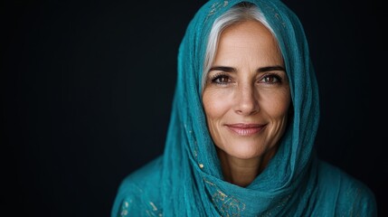 An elegant woman with striking gray hair in a beautifully detailed teal scarf, exuding wisdom and grace against a dark background, symbolizing timeless beauty.