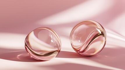 Poster - Two pink glass spheres casting soft shadows on a pink surface create an abstract, minimalist composition. Light and reflections enhance the elegant and modern aesthetic