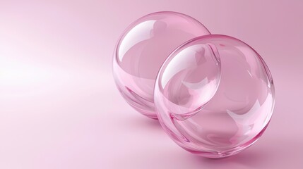 Poster - Two pink glass spheres are delicately positioned on a subtle pink backdrop, their translucent surfaces catching the light and creating a soft, dreamy atmosphere with a minimalist aesthetic