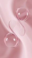 Poster - Two glossy pink spheres are connected by a transparent ribbon, floating elegantly against a soft, silky pink background, creating a visually appealing abstract composition