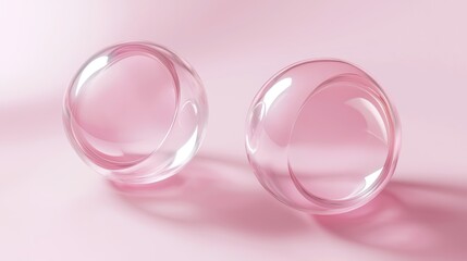 Poster - Two pink glass spheres are rolling on a pink surface, creating subtle shadows and highlighting the smooth texture and transparency of the glass material