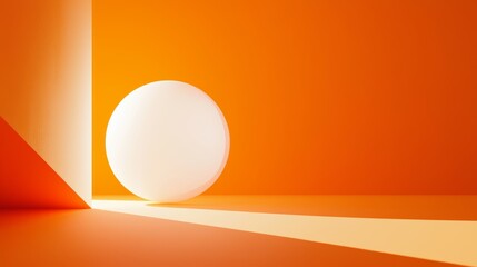 Poster - White sphere is partially emerging from a corner in an orange room, creating a light beam that extends across the floor, adding a touch of mystery and intrigue to the abstract scene