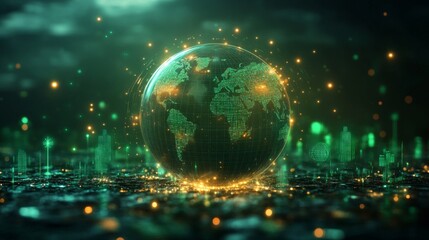 Fototapete - A globe is displayed at the center, glowing with green light against a dark background.