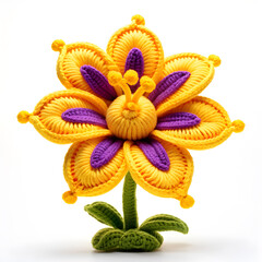 Wall Mural - A knitted soft toy in the form of a beautiful flower, made of woolen threads in yellow and purple tones. White background.