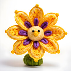 Wall Mural - A knitted soft toy in the form of a beautiful flower, made of woolen threads in yellow and purple tones. White background.