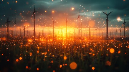 Poster - A breathtaking sunset casts an orange glow over a vast field filled with wind turbines. Flashes of light create a magical atmosphere as particles dance in the air, enhancing the beauty of the scene.