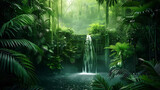 A dense jungle with a small waterfall cascading into a hidden pool