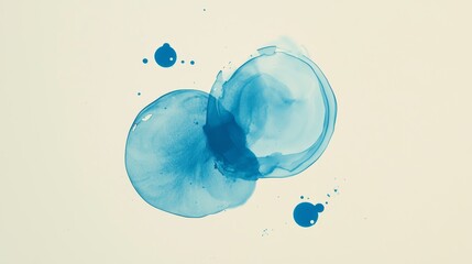Poster - Two large overlapping blue watercolor stains dominate the composition, surrounded by smaller droplets on a beige background, creating an abstract, fluid design
