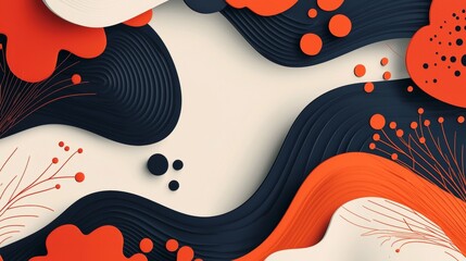 Poster - Modern abstract background featuring flowing shapes in red and dark blue, complemented by thin lines and small circles, creating a dynamic and visually appealing composition