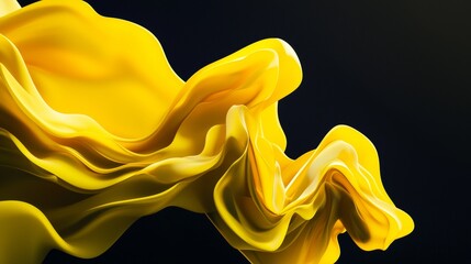 Poster - Smooth elegant yellow satin texture forming an abstract shape waving and flowing on a dark background, creating a luxurious and elegant visual