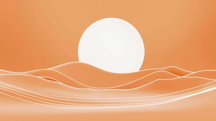 Poster - Minimalist orange abstract background featuring a wavy landscape and a large white sun radiating light, evoking a surreal and dreamy atmosphere filled with tranquility