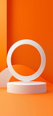 Poster - White cylinder podium with circle frame is standing on orange abstract background with waves and corner, creating a modern and minimalist showcase for product display