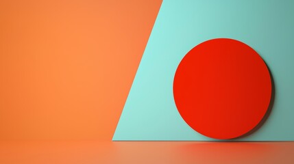 Poster - Minimalist abstract composition featuring a large red circle leaning on a light blue wall, set against an orange floor and background, creating a vibrant and geometric scene