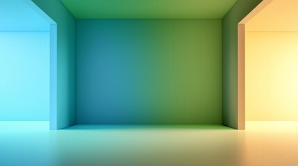 Poster - Empty room with green wall and colorful openings on the sides creating a gradient light on the floor and walls, perfect for backgrounds and product placements