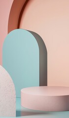 Poster - Pink and light blue pastel colors empty showcase is displaying products on cylinder podium with textured surface in front of colorful abstract background