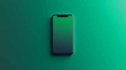 Poster - Modern smartphone displaying a gradient screen from green to dark blue, positioned on a vibrant green background, creating a visually appealing contrast