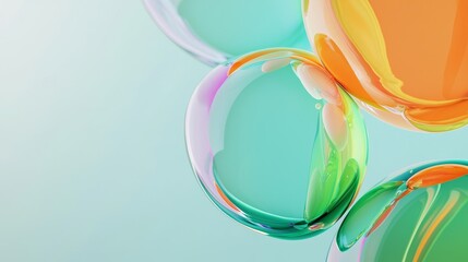 Poster - Abstract composition featuring vibrant, translucent spheres merging and blending together, creating a dynamic interplay of colors and shapes against a turquoise backdrop