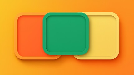 Poster - Three overlapping rounded squares in vibrant shades of orange, green, and yellow create a lively and colorful abstract background against a warm orange backdrop