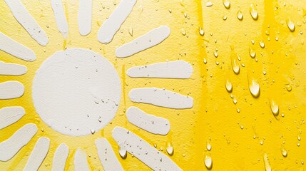 Poster - White sun painted with thick brush strokes on a vibrant yellow wall, with rain drops gliding down, capturing the essence of summer rain in an evocative and colorful scene