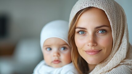 captivating portrait of a mother and her baby with glowing natural light, enveloped in harmonious te