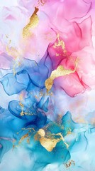 Poster - Pink and blue alcohol ink washes blending together, creating a colorful abstract background with shimmering gold accents, perfect for modern and elegant designs