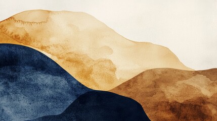 Poster - Soft, undulating hills create a serene landscape in warm, earthy tones of brown and deep blue, blending seamlessly in a minimalist and abstract watercolor painting