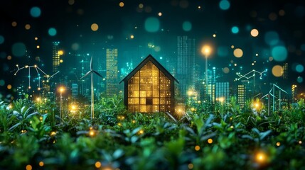 Aufkleber - A glowing eco-friendly house stands amidst lush green plants, surrounded by a vibrant city skyline featuring wind turbines and solar panels at night. The scene highlights sustainability.