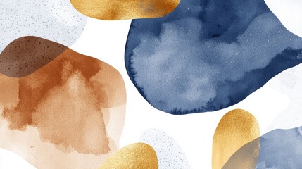 Poster - Modern abstract watercolor background showcasing flowing shapes in luxurious gold, rich blue, and earthy tones, blending together to create an elegant and artistic design