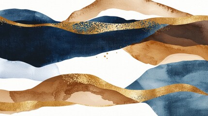 Poster - Modern abstract watercolor background featuring flowing shapes in navy blue, brown, and beige, accented with shimmering gold lines and speckles, creating a luxurious and artistic design