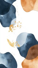 Poster - Abstract watercolor background featuring flowing shapes in vibrant blue, soft light blue, rich brown, and shimmering gold glitter, creating a modern and artistic design with elegant texture