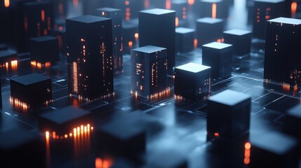 Poster - Futuristic city skyline of glowing dark cubes connected by circuit board.