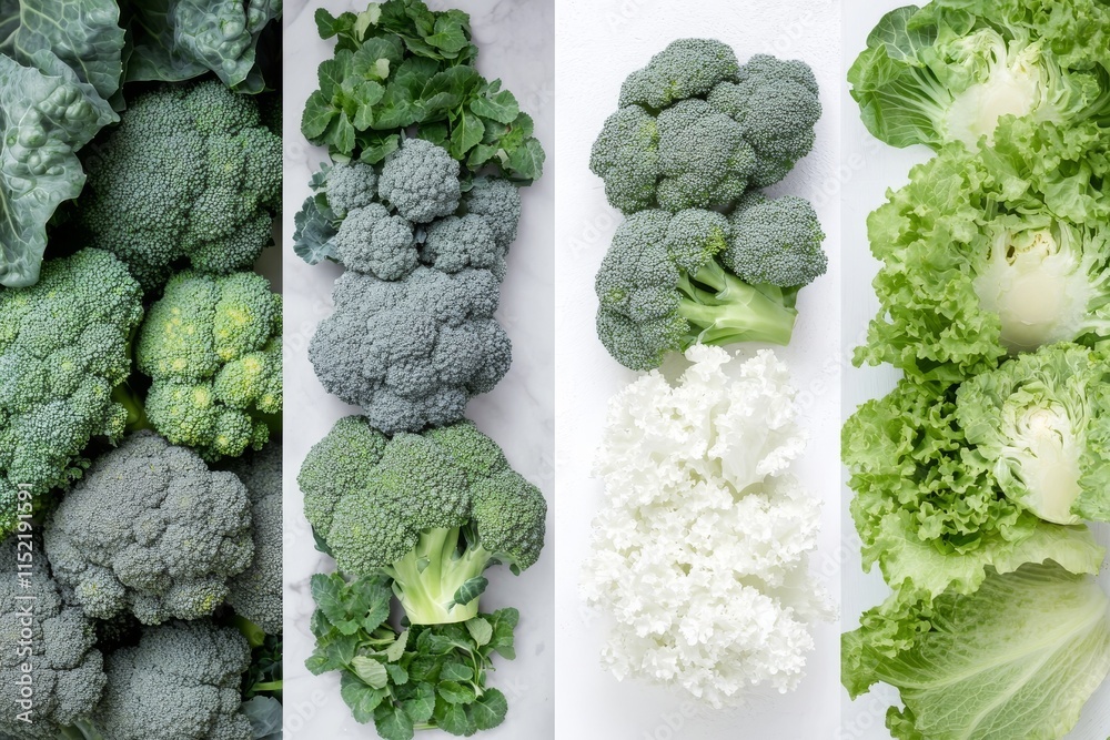 4 photos of different types and colors of broccoli, arranged in the ...