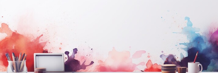 Poster - Artistic composition featuring canvas and brushes in shades of pink and red symbolizing creativity