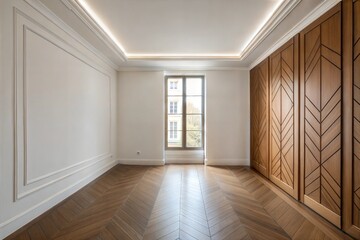 An elegant, empty space with wide oak floors, a seamless white wall, a narrow vertical window letting in a beam of light, and a sleek wooden panel corner accent with geometric patterns