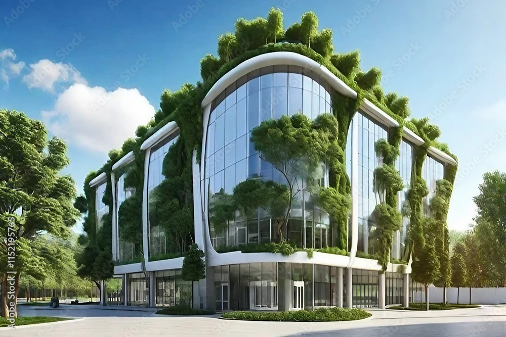 Modern glass office building with big trees around to reduce heat and ...