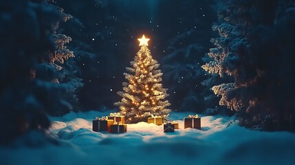 Wall Mural - At night, a Christmas tree on snow with a dazzling star. Generative Ai