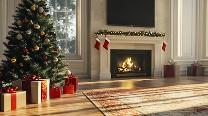 Wall Mural - Holidays and a Christmas tree on the background of the fireplace. Generative Ai