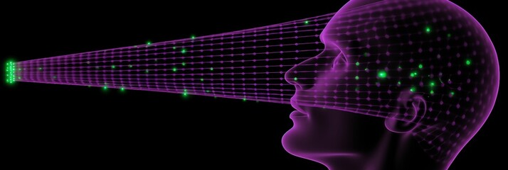 Poster - Serene purple head outline with neon dots on a clean green background evoking calm and harmony