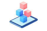 A tablet displays colorful 3D cubes arranged in a playful stacking formation, showcasing a modern digital design.