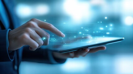 Poster - Techsavvy person using tablet, exploring digital interface on modern portable device