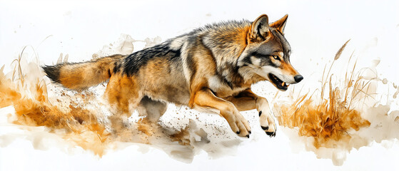 Wolf in Motion: A solitary wolf, its fur a symphony of grey and brown, bursts through a field of dried grasses, a captivating display of raw power and agility.