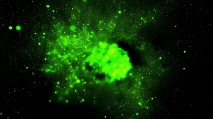 Poster - Swirling green light trails against a deep black backdrop. Sparkling particles create an elegant, mesmerizing effect. Dynamic abstract background video.